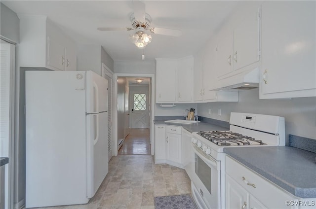 330 Cardinal Ln, White Stone, VA 22578 - kitchen featuring white appliances, under cabinet range hood, ceiling fan, white cabinetry, and a sink
