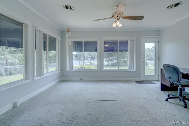 330 Cardinal Ln, White Stone, VA 22578 - unfurnished office with carpet floors, crown molding, baseboards, and ceiling fan