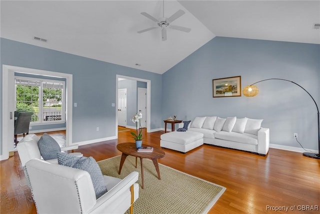 118 Old Field Rd, Irvington, VA 22480 - living area featuring ceiling fan, lofted ceiling, wood finished floors, and baseboards