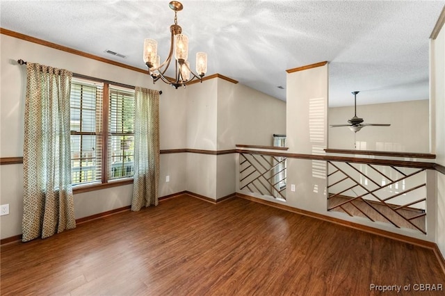 6402 Willow Landing Way, Chester, VA 23831 - unfurnished room featuring wood finished floors, a chandelier, a textured ceiling, ceiling fan, and ornamental molding