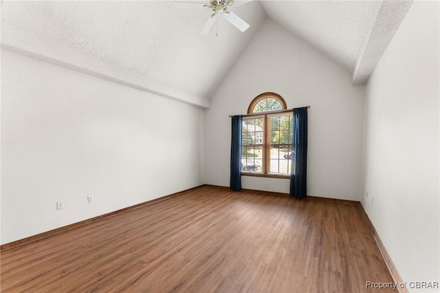 6402 Willow Landing Way, Chester, VA 23831 - unfurnished room featuring wood finished floors, ceiling fan, a textured ceiling, and high vaulted ceiling