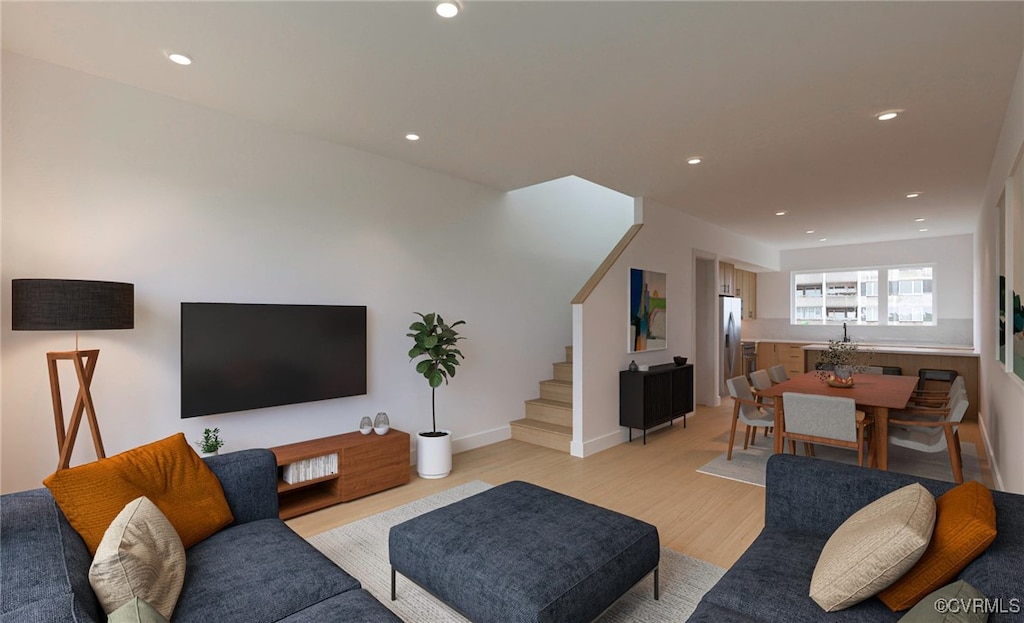 117 E 6th St, Richmond, VA 23224 - living area with stairs, light wood-type flooring, and recessed lighting