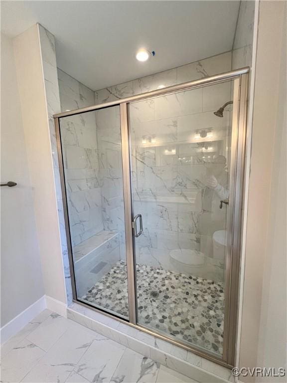 27 Otter Ln, Montross, VA 22520 - full bath with marble finish flooring, toilet, baseboards, a marble finish shower, and recessed lighting