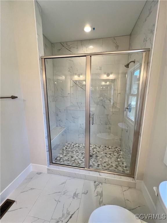 27 Otter Ln, Montross, VA 22520 - full bath featuring toilet, baseboards, marble look tiles, a marble finish shower, and recessed lighting
