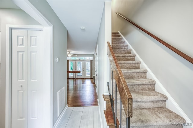 2750 Old Point Dr, Henrico, VA 23233 - stairway featuring french doors and ceiling fan