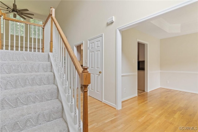 11830 Cedar Landing Ter, Chesterfield, VA 23831 - staircase with wood finished floors, ceiling fan, and baseboards