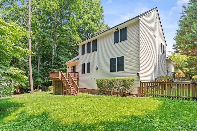 11830 Cedar Landing Ter, Chesterfield, VA 23831 - back of property with stairs, a wooden deck, a lawn, and crawl space