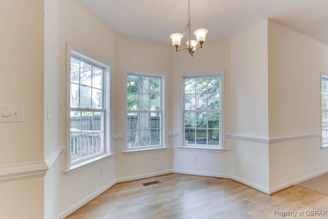 106 Haymaker Pl, Williamsburg, VA 23185 - unfurnished dining area with a chandelier, plenty of natural light, wood finished floors, and baseboards