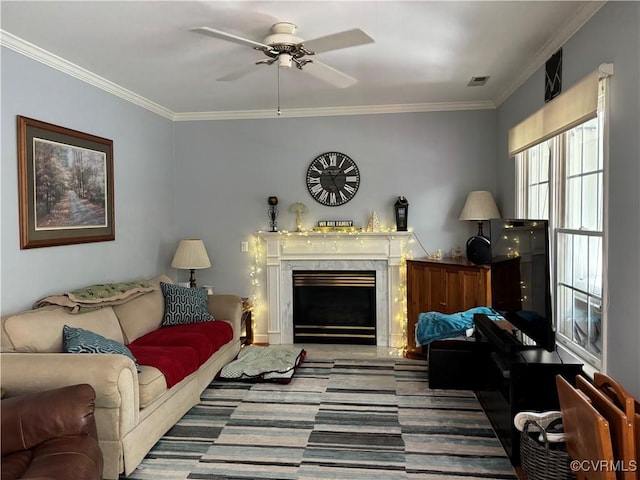 15023 Manor Gate Ct, Midlothian, VA 23112 - living area featuring crown molding, ceiling fan, and a fireplace