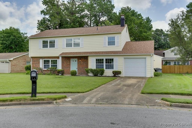 205 Captains Ct, Hampton, VA 23669 - view of front facade featuring a garage, a chimney, concrete driveway, brick siding, and a shingled roof