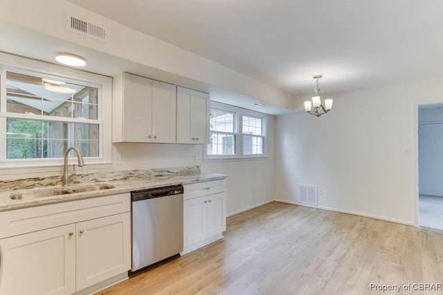 205 Captains Ct, Hampton, VA 23669 - kitchen featuring dishwasher, a sink, a chandelier, light wood-style flooring, and light stone countertops