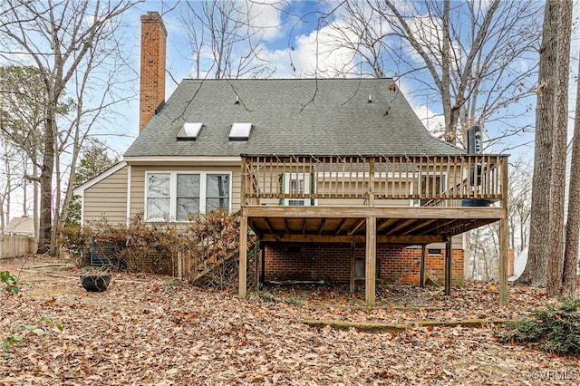 12321 Boxford Ln, Chesterfield, VA 23114 - rear view of house featuring a deck, a chimney, a shingled roof, and brick siding