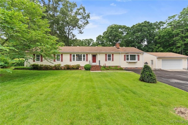 7708 Walnut Cir, Quinton, VA 23141 - ranch-style house with a chimney, a front yard, a detached garage, and crawl space