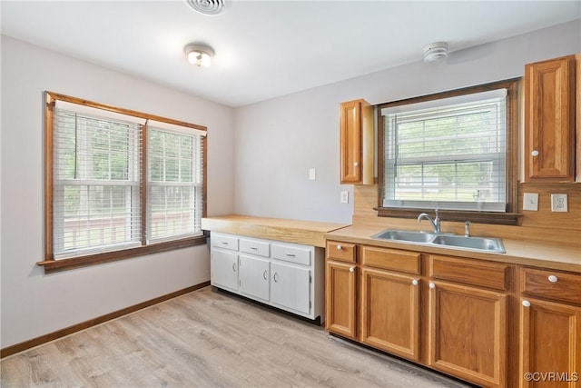 7708 Walnut Cir, Quinton, VA 23141 - kitchen featuring a sink, light countertops, light wood finished floors, brown cabinets, and baseboards