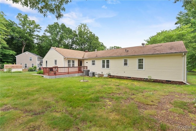 7708 Walnut Cir, Quinton, VA 23141 - rear view of house with crawl space, a deck, a lawn, and cooling unit