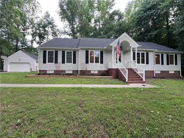 3539 Spring Meadow Pl, Prince George, VA 23860 - ranch-style house with crawl space, a garage, an outbuilding, a front lawn, and roof with shingles