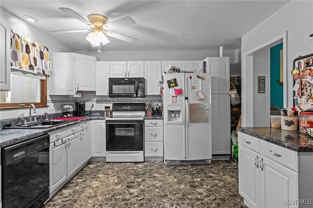 9540 Alfaree Rd, Chesterfield, VA 23237 - kitchen featuring black appliances, dark countertops, white cabinetry, and a ceiling fan