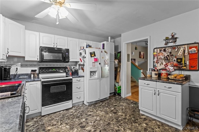 9540 Alfaree Rd, Chesterfield, VA 23237 - kitchen featuring black microwave, electric range oven, white fridge with ice dispenser, white cabinetry, and a ceiling fan