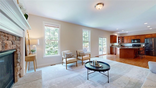 11706 Black Alder Dr, Moseley, VA 23120 - living area with a stone fireplace, baseboards, and recessed lighting