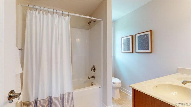 11706 Black Alder Dr, Moseley, VA 23120 - full bathroom featuring vanity, shower / bathtub combination with curtain, toilet, and baseboards