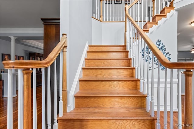 8940 Kings Charter Dr, Hanover, VA 23116 - stairway featuring ceiling fan, a high ceiling, ornamental molding, and wood finished floors