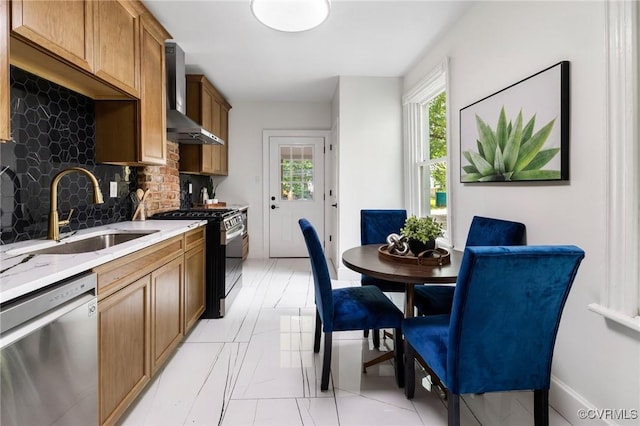 321 S Laurel St, Richmond, VA 23220 - kitchen with stainless steel appliances, a sink, wall chimney range hood, backsplash, and plenty of natural light