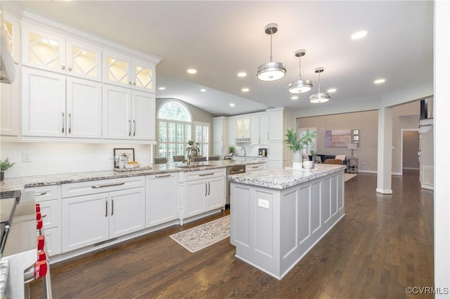 14006 Riverdowns N Mews, Midlothian, VA 23113 - kitchen featuring white cabinetry, glass insert cabinets, dark wood finished floors, a sink, and recessed lighting