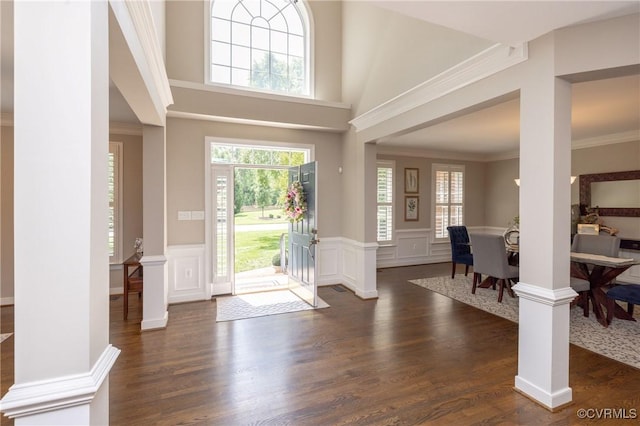 14006 Riverdowns N Mews, Midlothian, VA 23113 - foyer with healthy amount of natural light, dark wood finished floors, wainscoting, a decorative wall, and crown molding