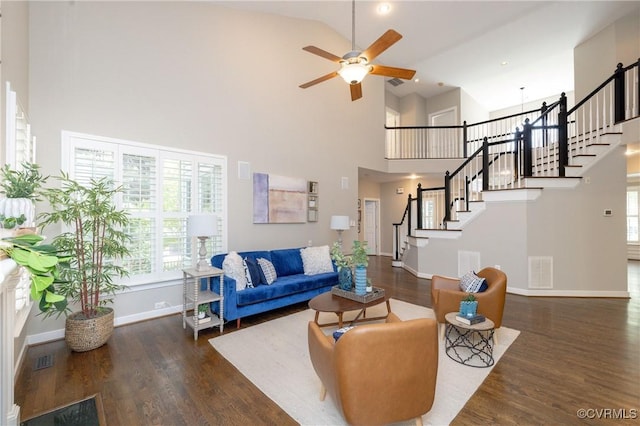 14006 Riverdowns N Mews, Midlothian, VA 23113 - living area featuring high vaulted ceiling, ceiling fan, stairway, and plenty of natural light