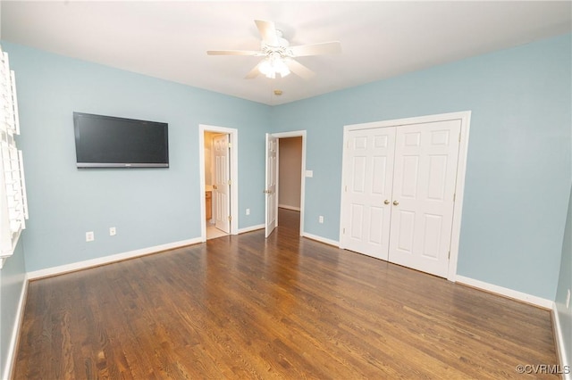14006 Riverdowns N Mews, Midlothian, VA 23113 - unfurnished bedroom featuring wood finished floors, baseboards, a closet, a ceiling fan, and connected bathroom
