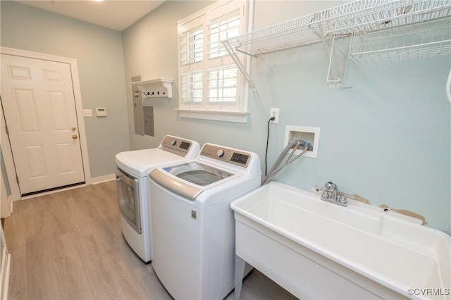 14006 Riverdowns N Mews, Midlothian, VA 23113 - laundry room with washing machine and dryer, light wood-type flooring, baseboards, and electric panel