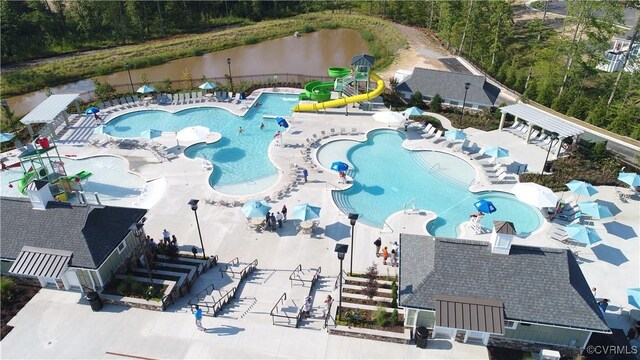 18755 Palisades Rdg, Moseley, VA 23120 - drone / aerial view of a pool and a nearby body of water