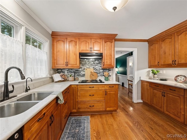1125 Royal Ridge Rd, Chesterfield, VA 23114 - kitchen featuring under cabinet range hood, light countertops, light wood-type flooring, decorative backsplash, and crown molding