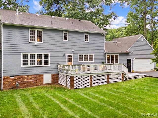 1125 Royal Ridge Rd, Chesterfield, VA 23114 - rear view of property featuring a deck, a lawn, a garage, asphalt driveway, and a shingled roof
