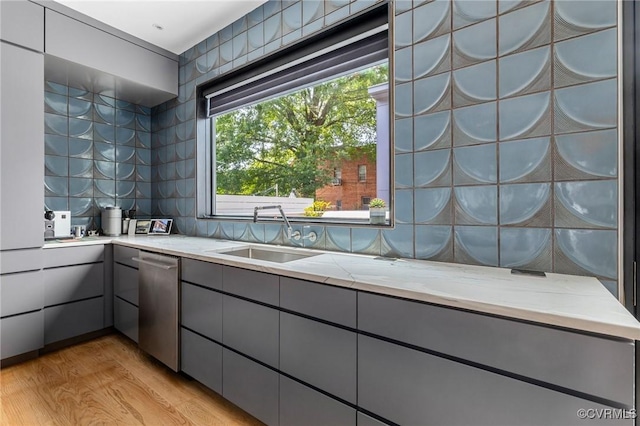 114 S Colonial Ave, Richmond, VA 23221 - kitchen featuring gray cabinetry, light stone countertops, stainless steel dishwasher, and light wood-style flooring