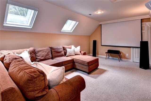 2520 Nathaniell Powell Rd, Williamsburg, VA 23185 - carpeted home theater room with a skylight, lofted ceiling, and crown molding