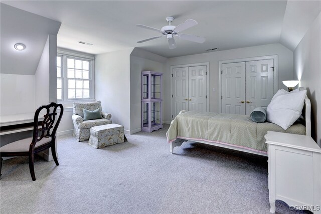 2520 Nathaniell Powell Rd, Williamsburg, VA 23185 - bedroom featuring multiple closets, carpet floors, a ceiling fan, and lofted ceiling