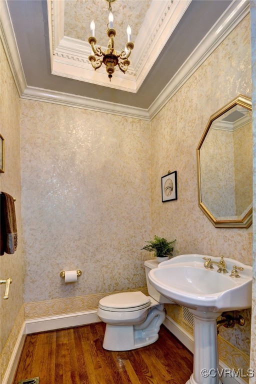 2520 Nathaniell Powell Rd, Williamsburg, VA 23185 - bathroom featuring wood finished floors, crown molding, a chandelier, wallpapered walls, and a raised ceiling
