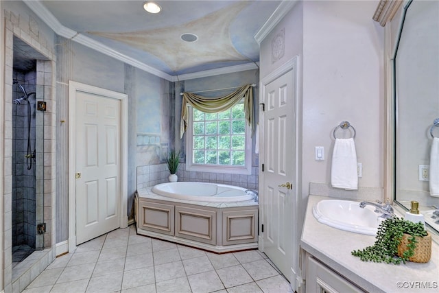 2520 Nathaniell Powell Rd, Williamsburg, VA 23185 - bathroom with crown molding, a bath, a shower stall, vanity, and tile patterned floors
