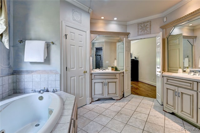 2520 Nathaniell Powell Rd, Williamsburg, VA 23185 - full bathroom with vanity, a whirlpool tub, crown molding, tile patterned flooring, and recessed lighting