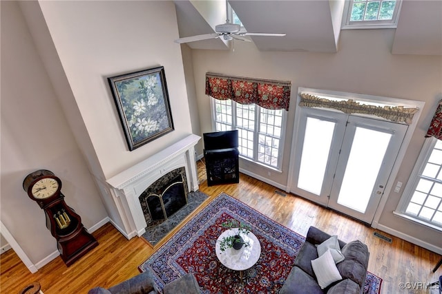 2520 Nathaniell Powell Rd, Williamsburg, VA 23185 - living area featuring ceiling fan, healthy amount of natural light, wood finished floors, and a fireplace