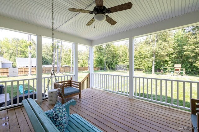 12025 Autumn Knoll Dr, Mechanicsville, VA 23116 - sunroom / solarium with ceiling fan and view of scattered trees