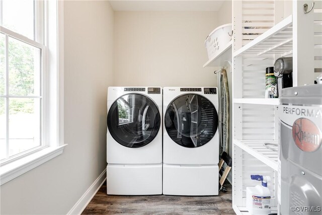 8315 Namozine Rd, Amelia Courthouse, VA 23002 - laundry area featuring independent washer and dryer, wood finished floors, and baseboards