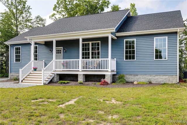 8315 Namozine Rd, Amelia Courthouse, VA 23002 - view of front of house with covered porch, a front lawn, a shingled roof, and central AC unit