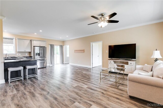 8315 Namozine Rd, Amelia Courthouse, VA 23002 - living room featuring crown molding, healthy amount of natural light, ceiling fan, wood finished floors, and baseboards