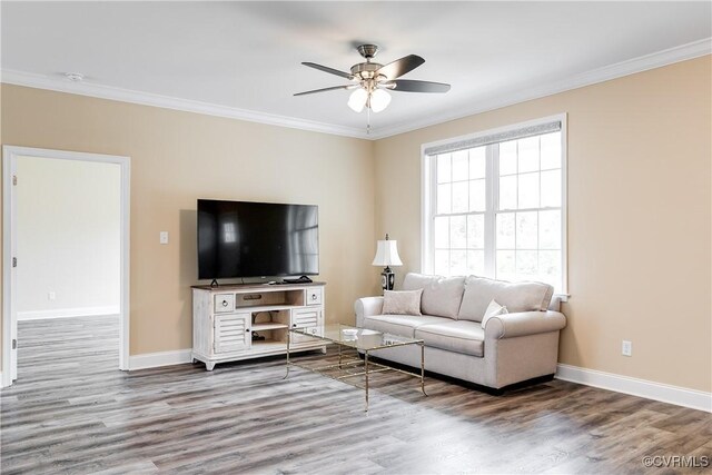 8315 Namozine Rd, Amelia Courthouse, VA 23002 - living room with ceiling fan, wood finished floors, ornamental molding, and baseboards