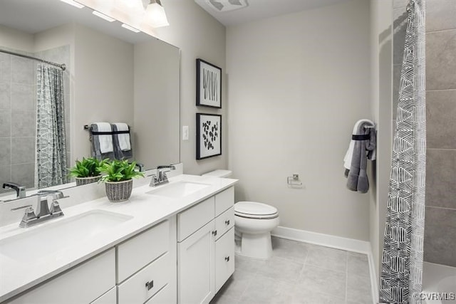 14413 Reisen Ln, Chester, VA 23831 - bathroom featuring double vanity, toilet, tile patterned floors, and a shower with curtain