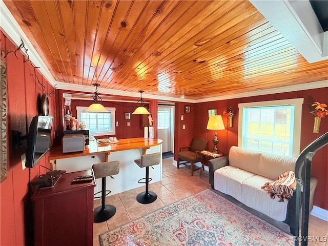 12509 Sam Snead Hwy, Warm Springs, VA 24484 - living room featuring crown molding, wooden ceiling, and light tile patterned flooring