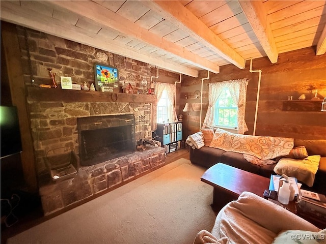 12509 Sam Snead Hwy, Warm Springs, VA 24484 - living room featuring wooden ceiling with exposed beams, a fireplace, and wooden walls