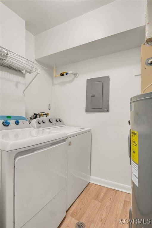 2106 Turtle Run Dr Unit 3, Henrico, VA 23233 - laundry room with electric panel, washer and clothes dryer, light wood-type flooring, water heater, and baseboards